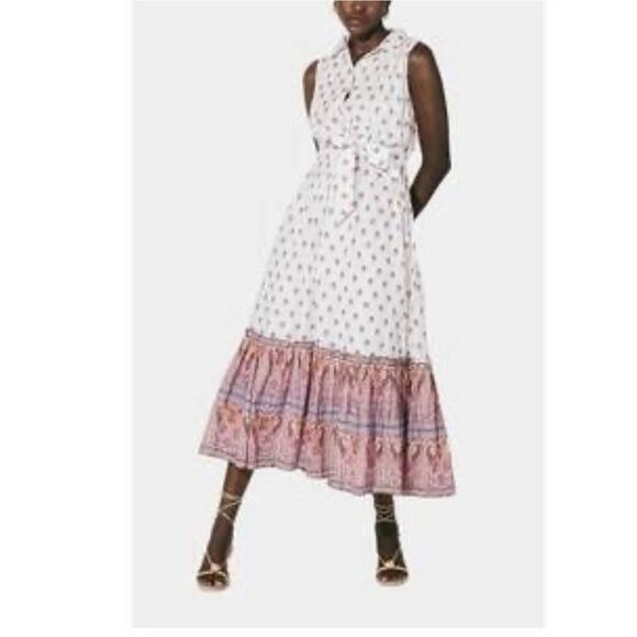 Cleobella Dress Womens Medium Purple Floral Boho Maxi Collar Belted Ruffle Hem - Picture 1 of 6